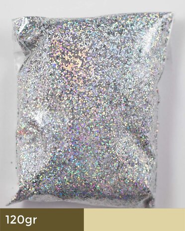 Zilver LASER glitters - 120gr. midi - rainbow effect